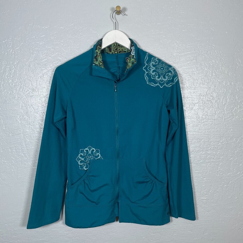 REI Women S Blue Zip Up Jacket Embroidered Floral Pockets Athleisure Hiking